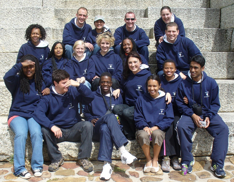 Abes during Orientation wearing hoodies that a bursar had donated by his university